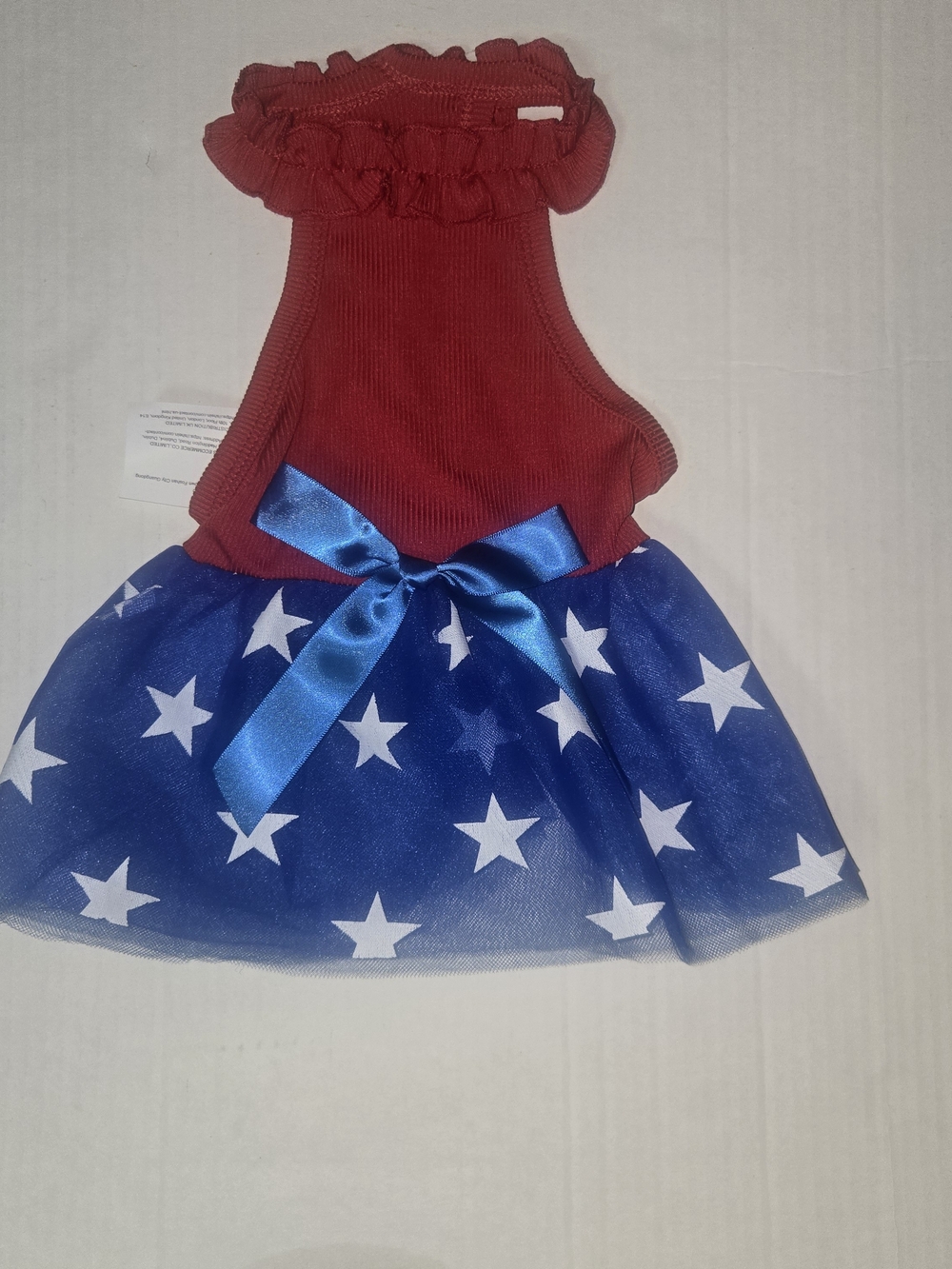 Furry Friend Red Ruffle Top Blue Star Tulle Dress with Satin Bow